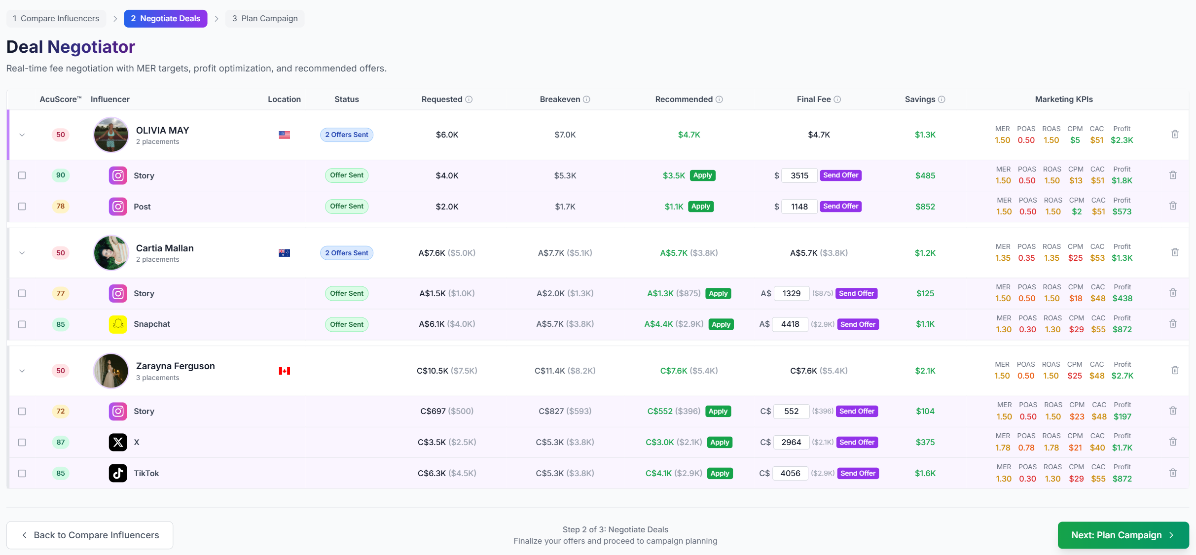 Deal negotiator interface